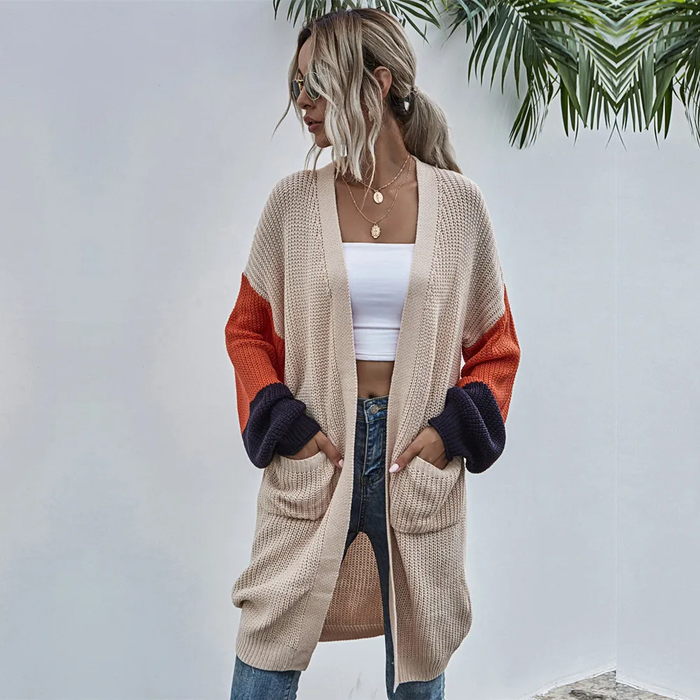 

Женский трикотажный кардиган с длинным рукавом, повседневный тонкий кардиган в стиле пэчворк, вязаное пальто, женский кардиган, Женский Топ