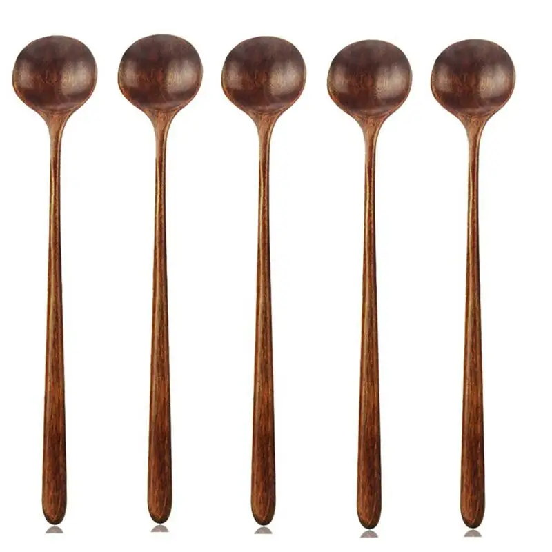 

Long Spoons Wooden, 5 Pieces Korean Style 10.9 inches 100% Natural Wood Long Handle Round Spoons for Soup Cooking Mixing Stirrer