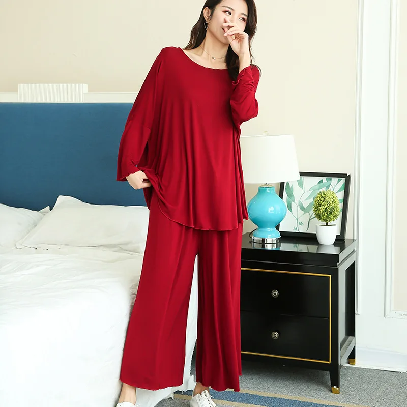 

New Home Wear Women Autumn Loose Long-sleeved Pajamas Two-Piece Set Nine-point Wide Leg Pants Pijama Sleepwear Femme Plus Size