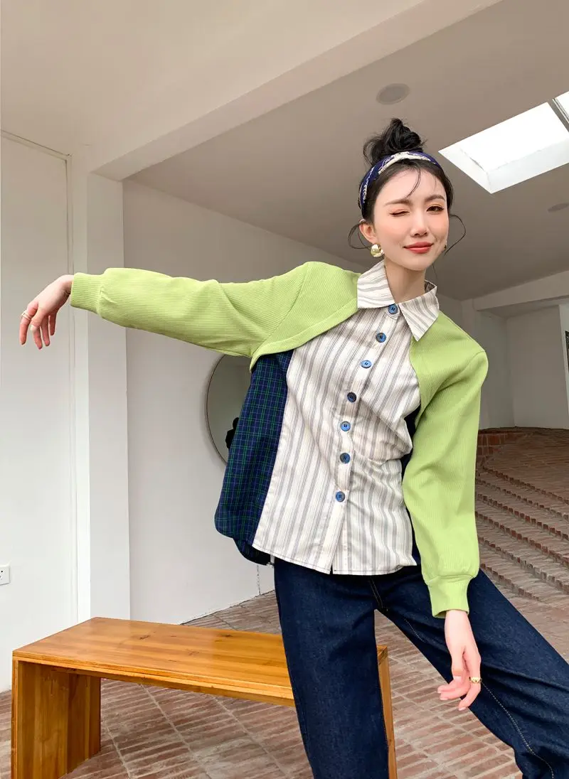 

French Retro Fake Two-Piece Striped Shirt Women's Polo Collar Long-Sleeved Blouse 2021 Spring New Chic Tops Female Streetwear