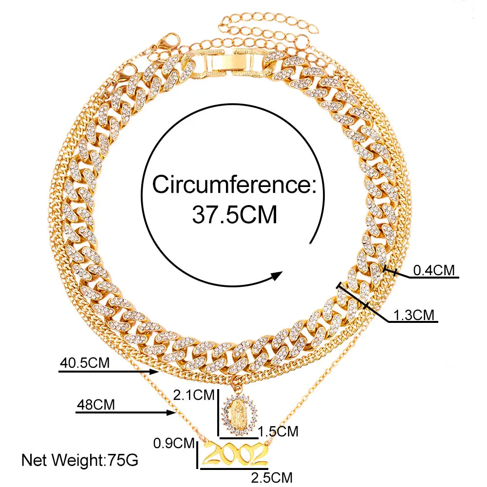 

Flatfoosie Multi-layer Year Number Pendant Necklace for Women Gold Color Portrait Cuban Link Chain Rhinestone Necklace Jewelry