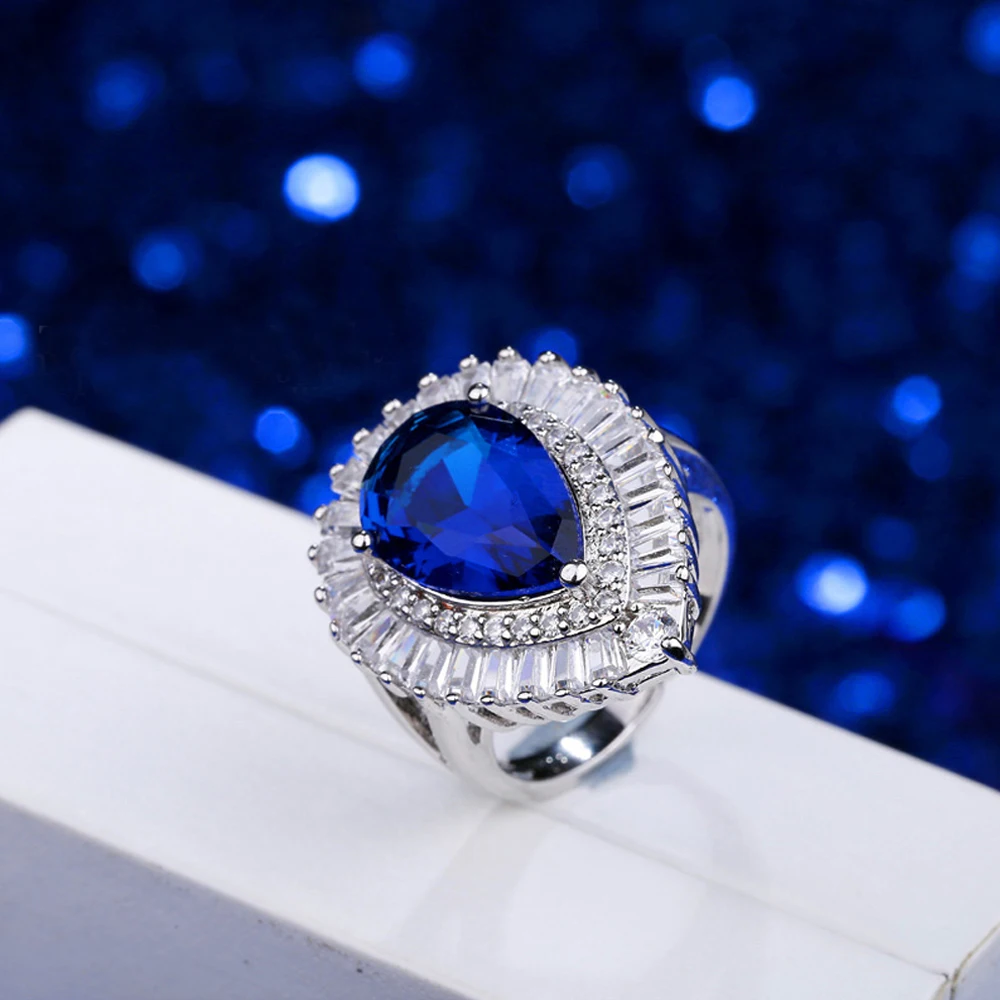 Blue ThreeGraces роскошный дизайн большая капля воды кубического циркония элегантные обручальные кольца для женщин серебристый цвет CZ свадебные украшения RG039 - Цвет основного камня: Blue