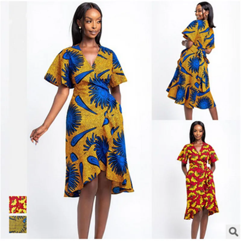 

New Fashion New Digital Printing Women's V-neck Strap Short Sleeve Dress Slim Fishtail Skirt