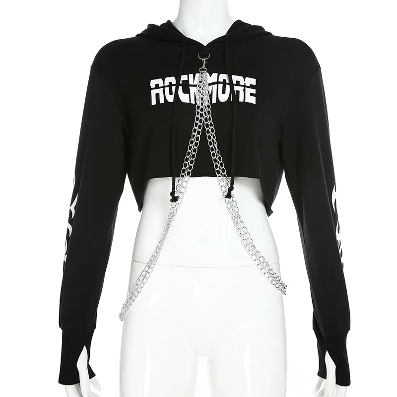 

2021 Harajuku Metal Chain Women Hoodies Black Causal Basic Autumn Long Sleeve Gothic Streetwear Hoodie Female Punk Bluzy Damskie