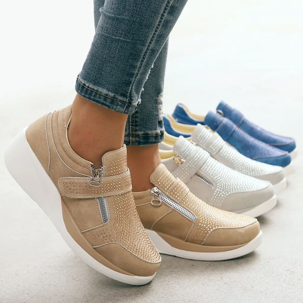 

Shoes Woman Rhinestone Side Zipper Thick Bottom With High Heel Leisure Slip-On Authentic Fashionable Shoes Woman Casual