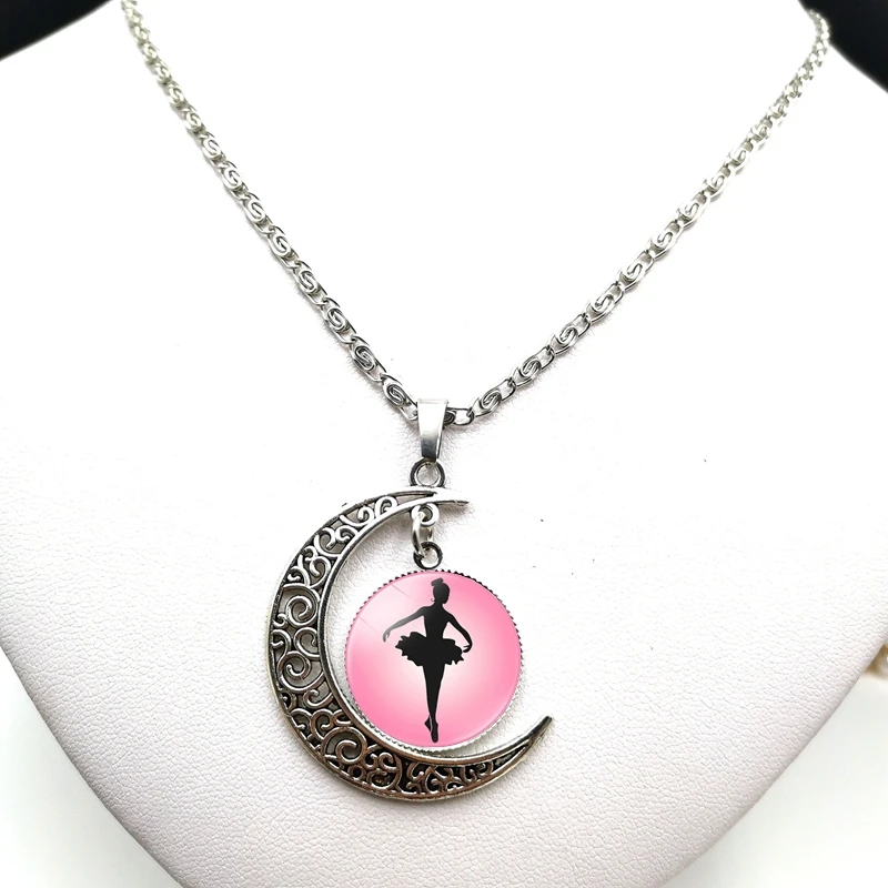 

2020 Fashion Creative Ballet Dance Cabochon Glass Moon Pendant Clavicle Chain Necklace Birthday Gift