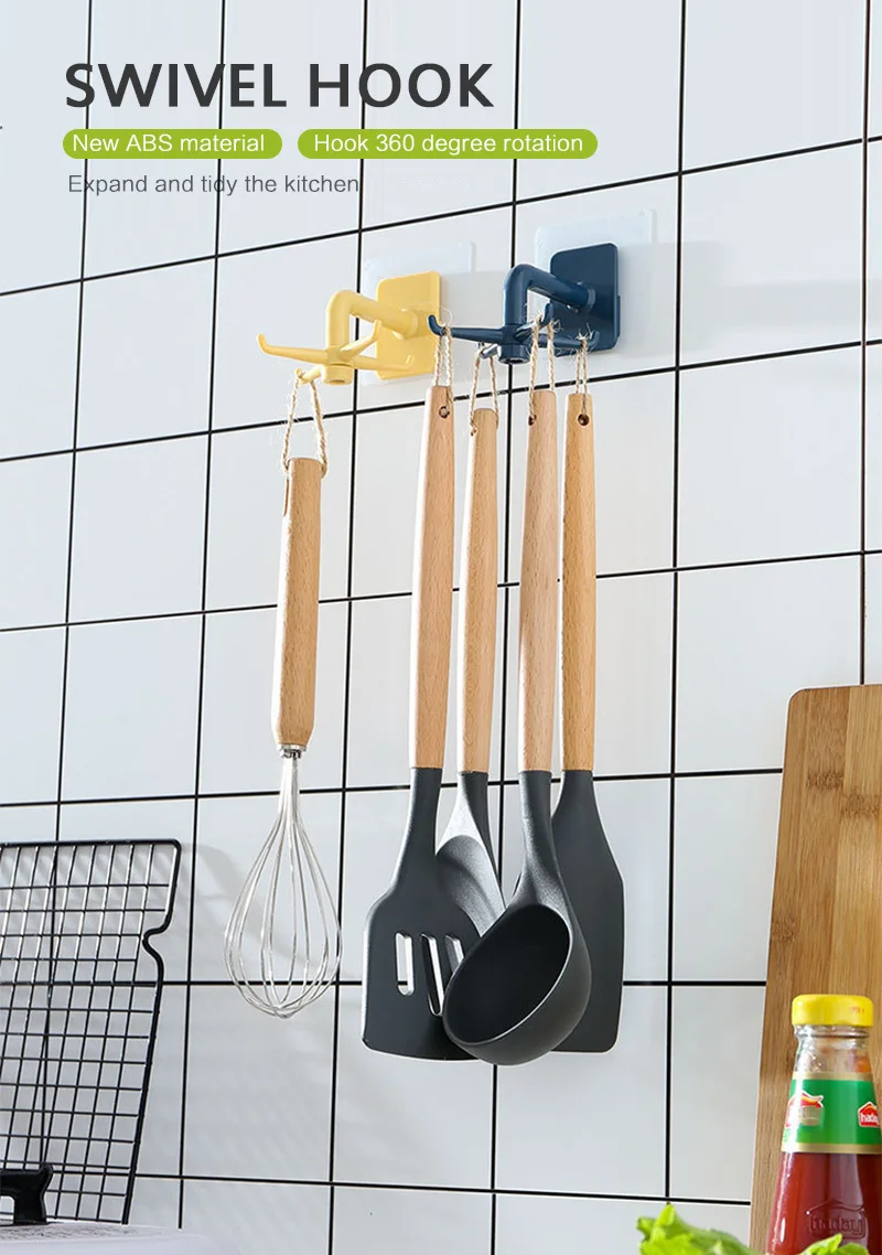 

4Claw Kitchen Wall-mounted Racks Tableware Pot Lid Spatula Rack Hook Punch-free 360°Rotating Hanging Rack Bathroom Kitchen Rack