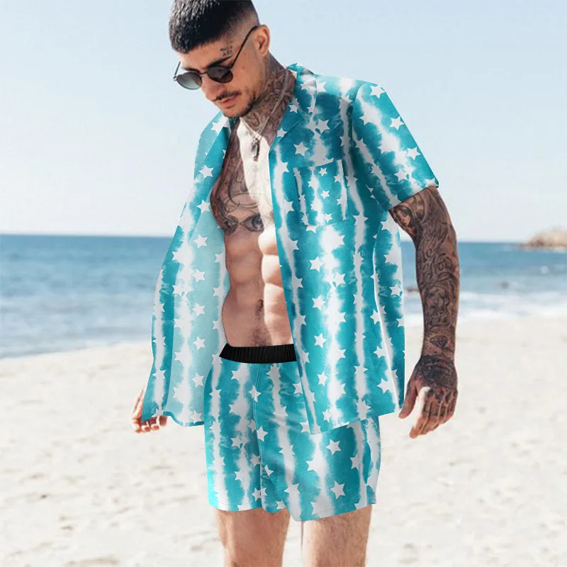 

Summer Beach Shirt Suit Hawaiian Print Short Sleeve + Shirt Two-Piece Tropical Retro Print Men's Suit Travel Hip-Hop Streetwear