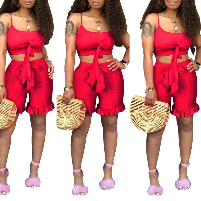 

Sexy Two Piece Outfit Summer Clothes For Women Spaghetti Strap Tie Up Crop Top+Ruffle Biker Short 2 Piece Matching Set Tracksuit