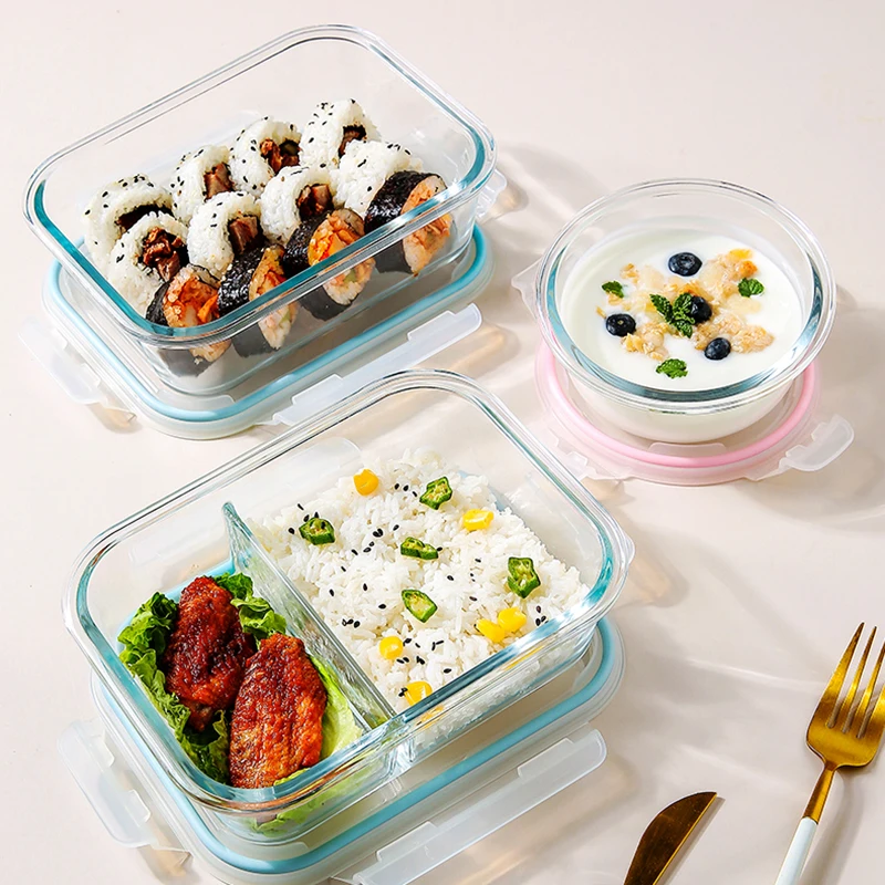 Kühlschrank Crisper Aufbewahrungsbehälter Glas Lunchbox Mikrowellengeeignete Bento Box Tragbare auslaufsichere Lebensmittelbox für Picknick mit