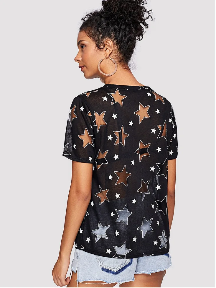 Летняя женская Свободная Повседневная футболка Сексуальная с вырезами в стиле