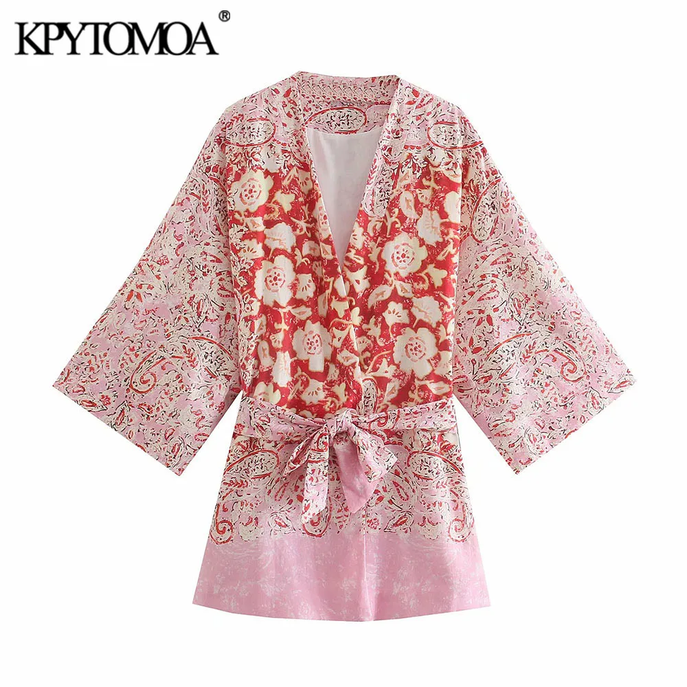 

KPYTOMOA Women 2021 Fashion With Belt Floral Print Kimono Blouses Vintage Three Quarter Sleeve Side Slit Female Shirts Chic Tops