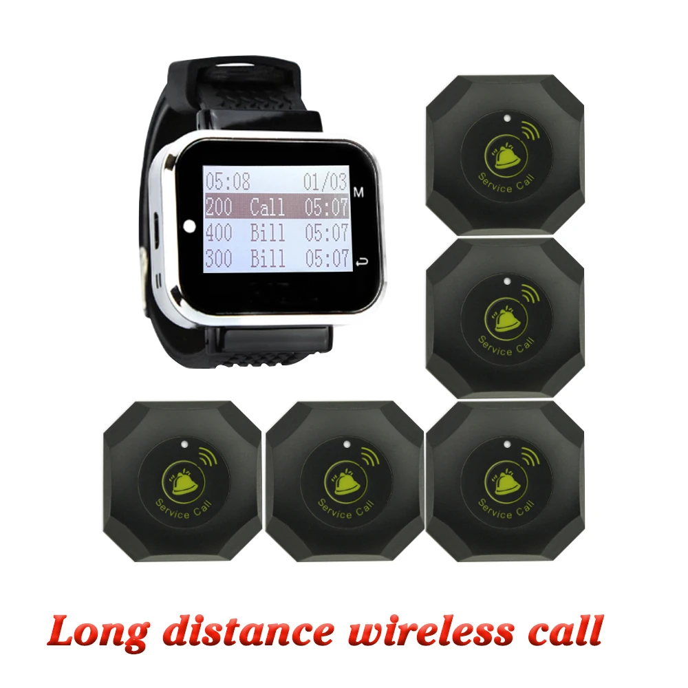 Wireless Calling Buttons 1 Watch Service + 5 Pagers Bells Transmitter Guest Paging System For Restaurant