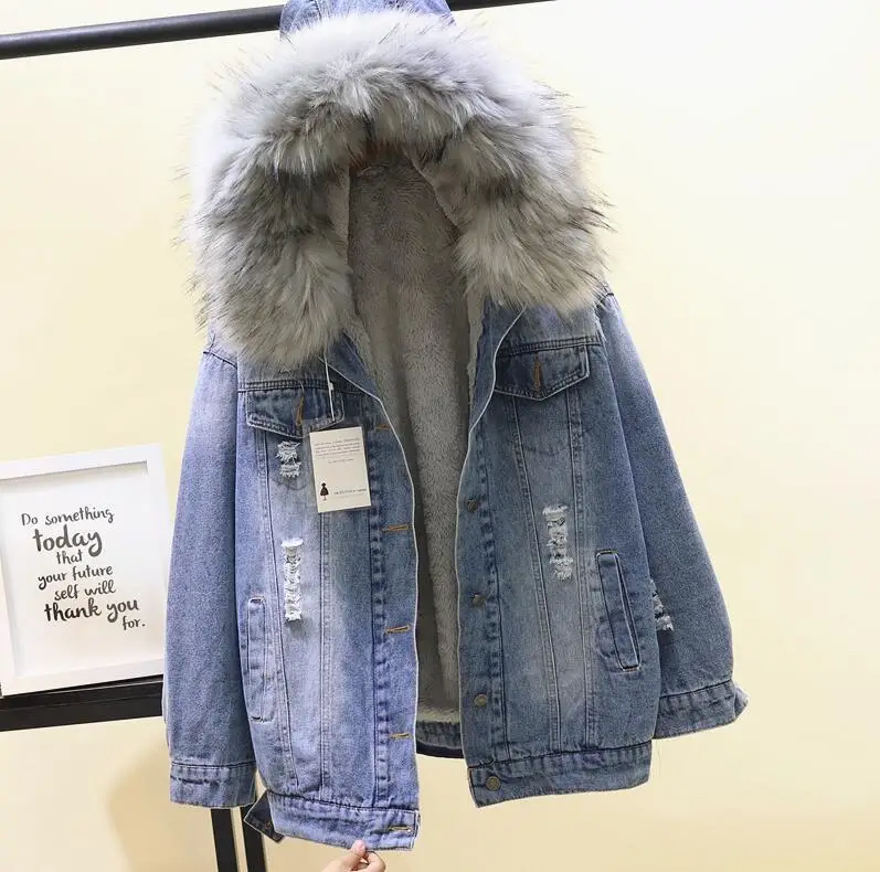 blue gray fur Зимняя Свободная Женская парка с капюшоном и большим мехом, Толстая теплая длинная джинсовая куртка из овечьего меха, зимняя куртка, женские пальто с меховые джинсы, куртка - Цвет: blue gray fur