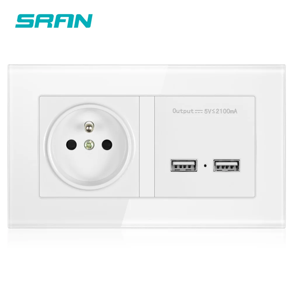 SRAN Французский двойной оправе розетка с двойной USB порт зарядки 5V 2A настенное зарядное устройство розовый/зеленый закаленное стекло панель 146*86
