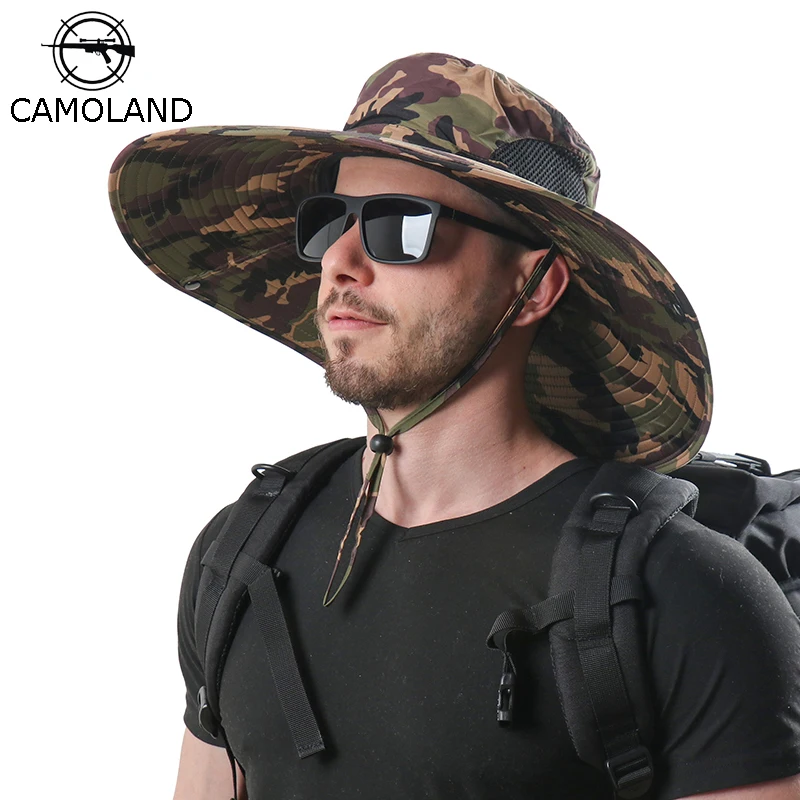 

15cm Wide Brim Sun Hat Waterproof Camouflage Bonnie Hat UV Protection Outdoor Hiking Cap Quick Dry Beach Fishing Bucket Hats