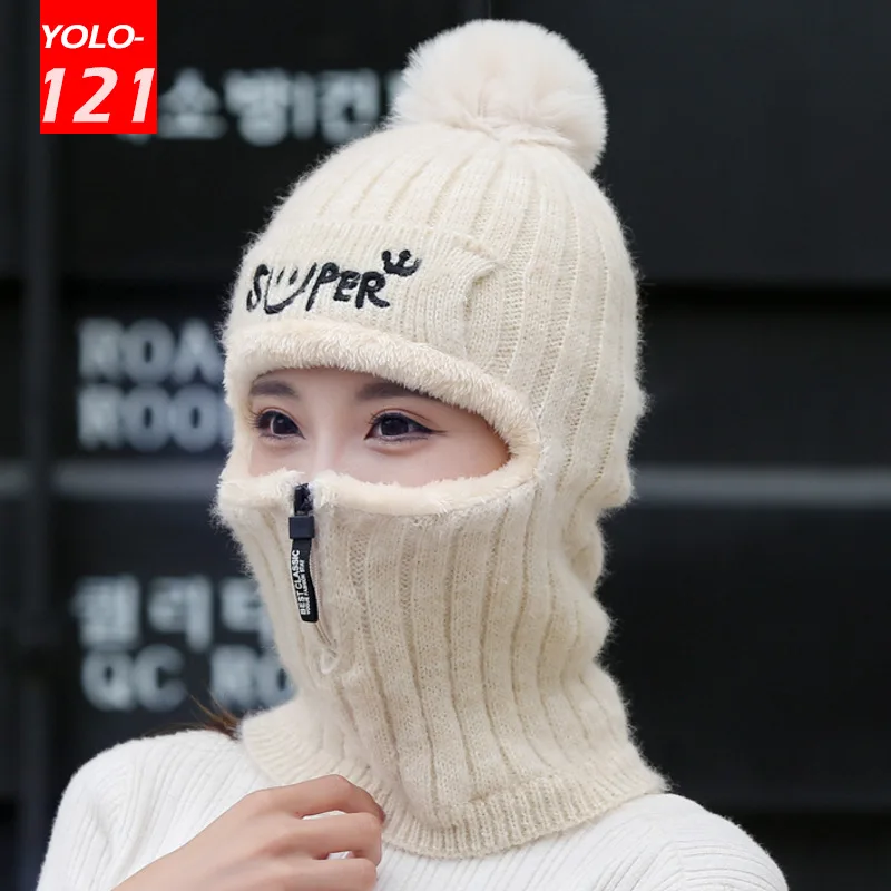 

Women Winter Thick Warm Knitted Beanies Cap Hats Lady Full Face Covered Outdoor Ski Riding Cap Hat For Women