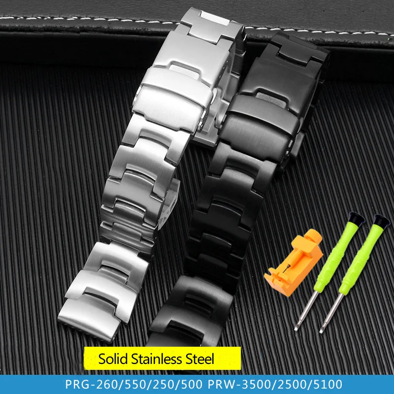 Solid Stainless Steel Watchband for PROTREK Casio PRG-260 PRG-270 PRG-550 PRW-3500/2500/5100 Watch Band Strap Silver Black 18mm
