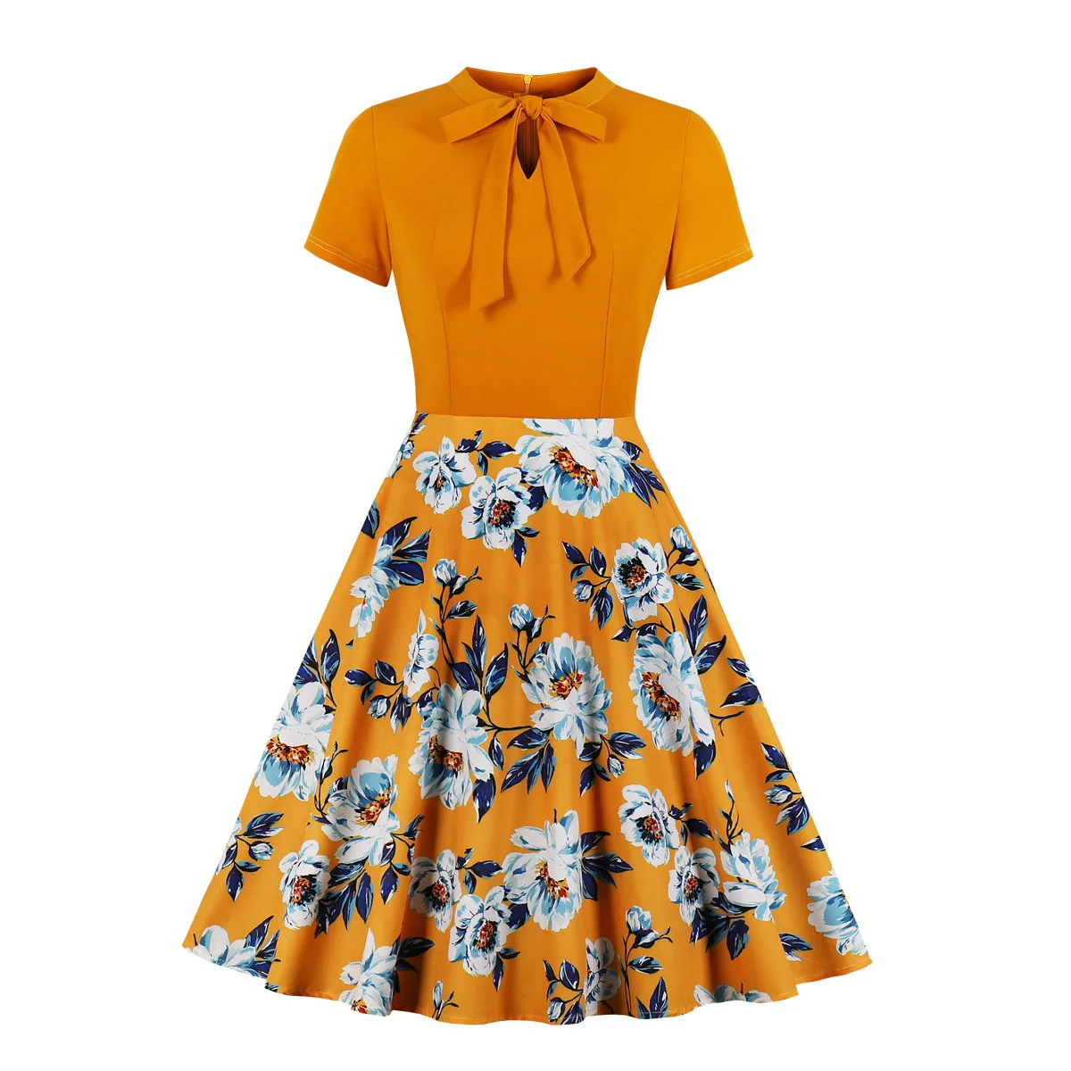 

2021 Autumn Patchwork Flower Print Retro Dress Women Orange Bowtie A-Line Vintage Long Dresses Vestidos