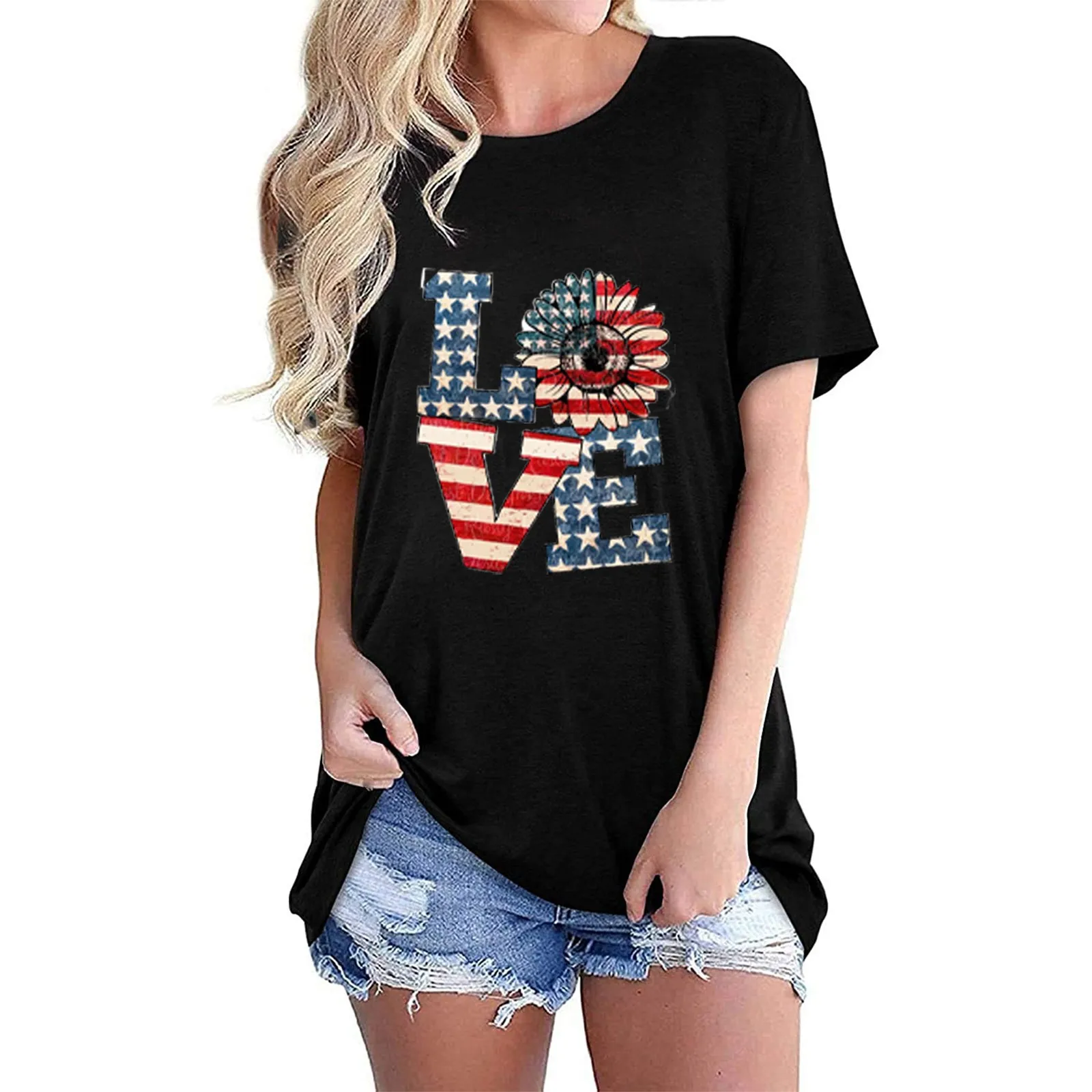 

Tunic Shirts For Ladies Plus Size Korean Style Women's Casual Loose Independence Day Print Round Neck Short Sleeve Top Shirt