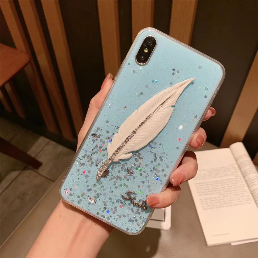 Чехол для телефона с блестками и перьями iPhone 7 6s 6 8 plus X Xr Xs Max задняя крышка