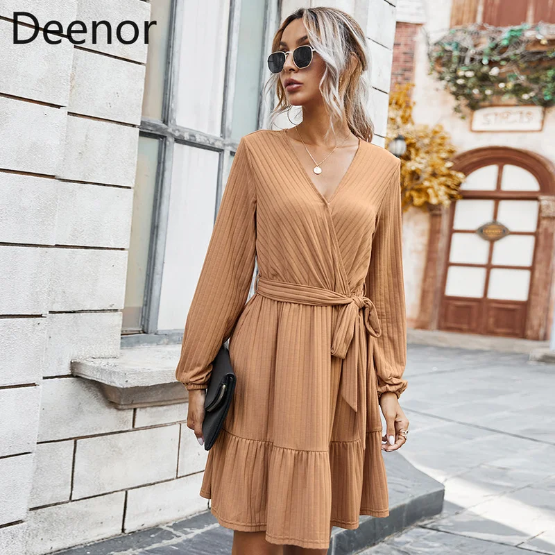 

Deenor Spring Summer Knitted V-neck Lace Up Sashes Dress Women Solid Color Casual Slim Ruffles Elegant Mini Vestidos Party Dress