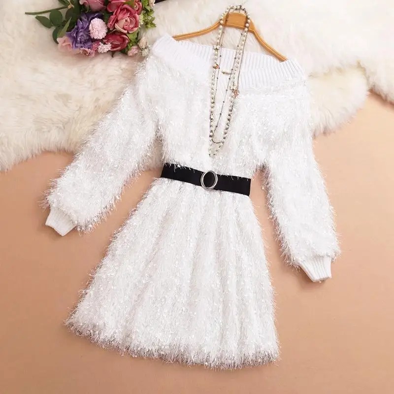 

Women’s Sexy V-neck Strapless Belted Waist Fringe Dress Hot Sale Korean Style Sexy Dress Women Winter Party Long Sleeve dresses