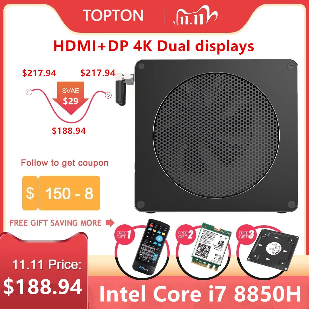 Topton игровой Мини ПК i7 8850H i5 8300H 6 ядер 12 нитей 2 * DDR4/DDR3L NVMe M.2 Nuc настольный компьютер
