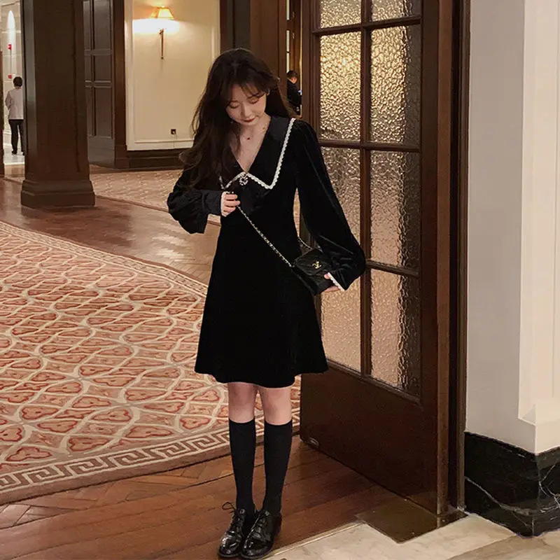 

French V-Neck Velvet Black Mini Dress Women 2021 Spring Casual Long Sleeve Bow One Piece Dress Korean Evening Party Dress Female