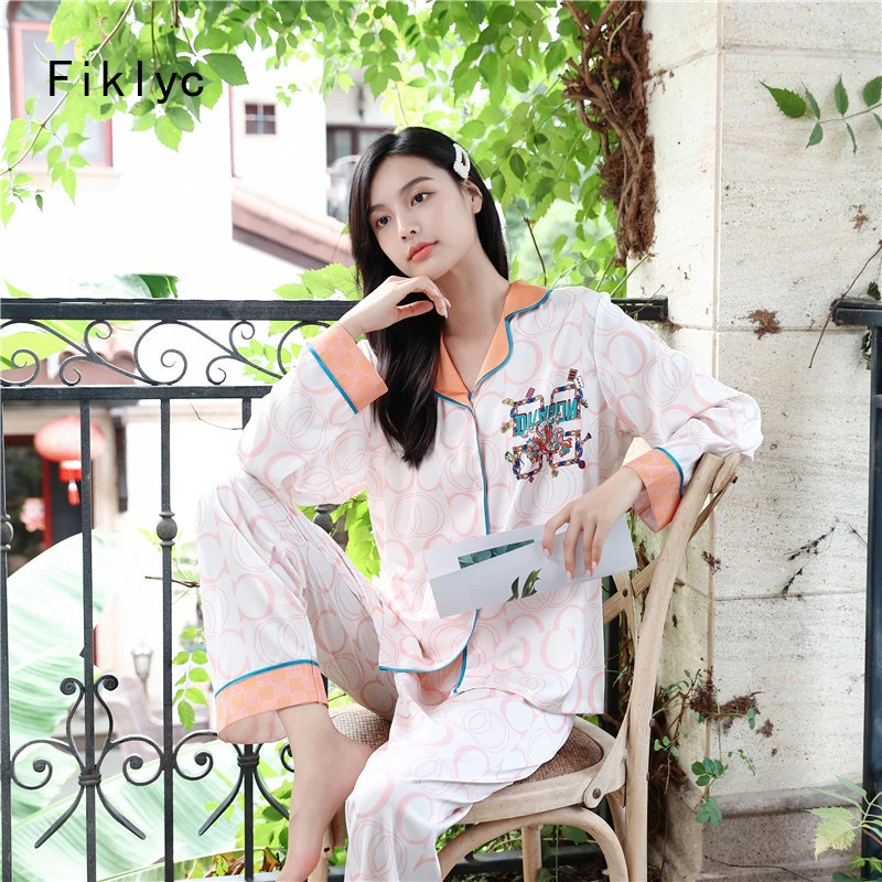 

Fiklyc Dargon Print Cartoon Beautiful Nightwear Ice Silk Pajamas Sets Female Loungewear Suitable For Wearing At Home PJS