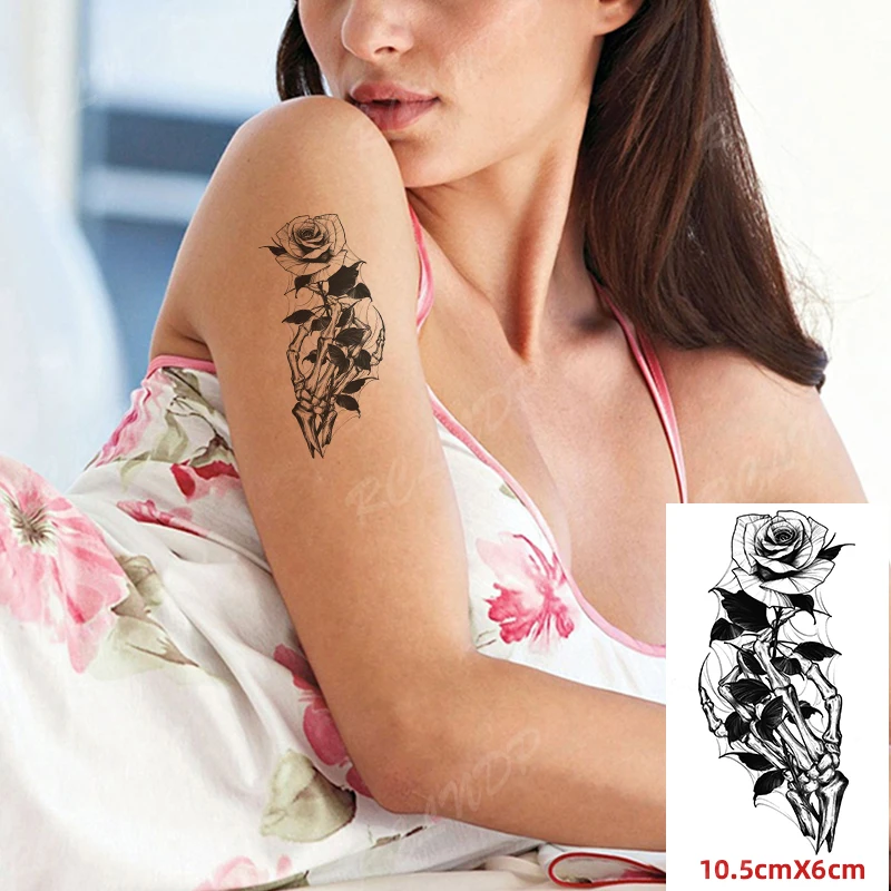 

Waterproof Temporary Tattoo Sticker Skull Hand Black Rose Flower Lady Back Arm Leg Flash Tatoo Fake Tatto Body Art for Women Men