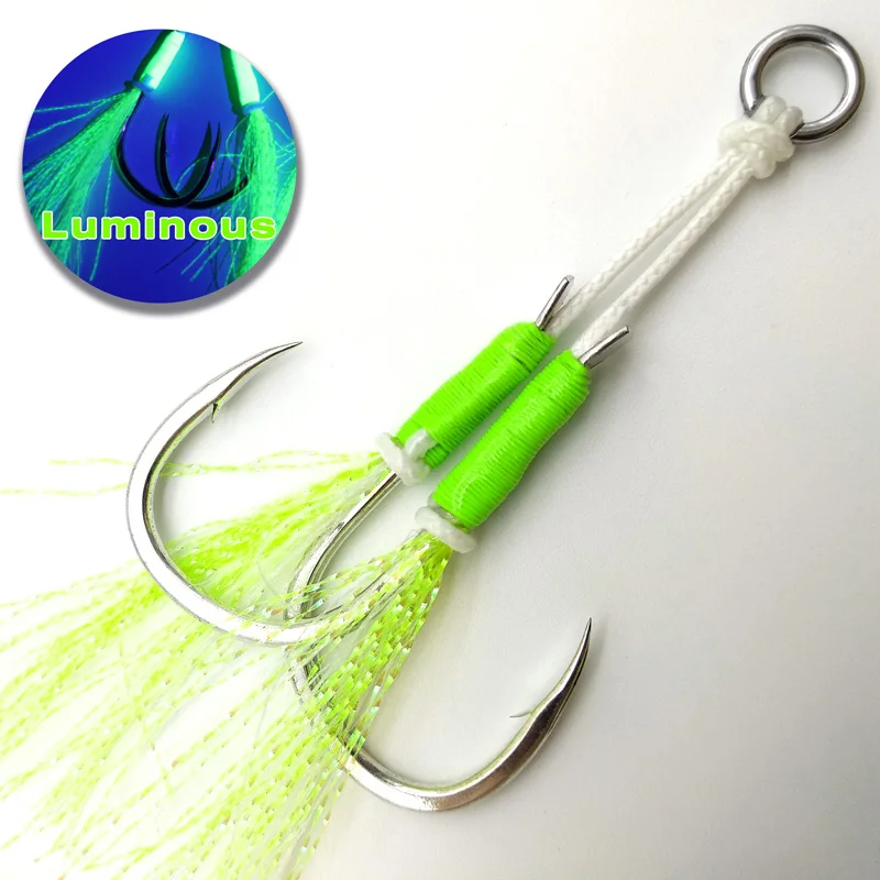 

Fishing Hooks Sea Glow 1/0 2/0 3/0 4/0 Fish Assist Hook Twins Double Fishery Fishhooks Feather for Fishing Attract