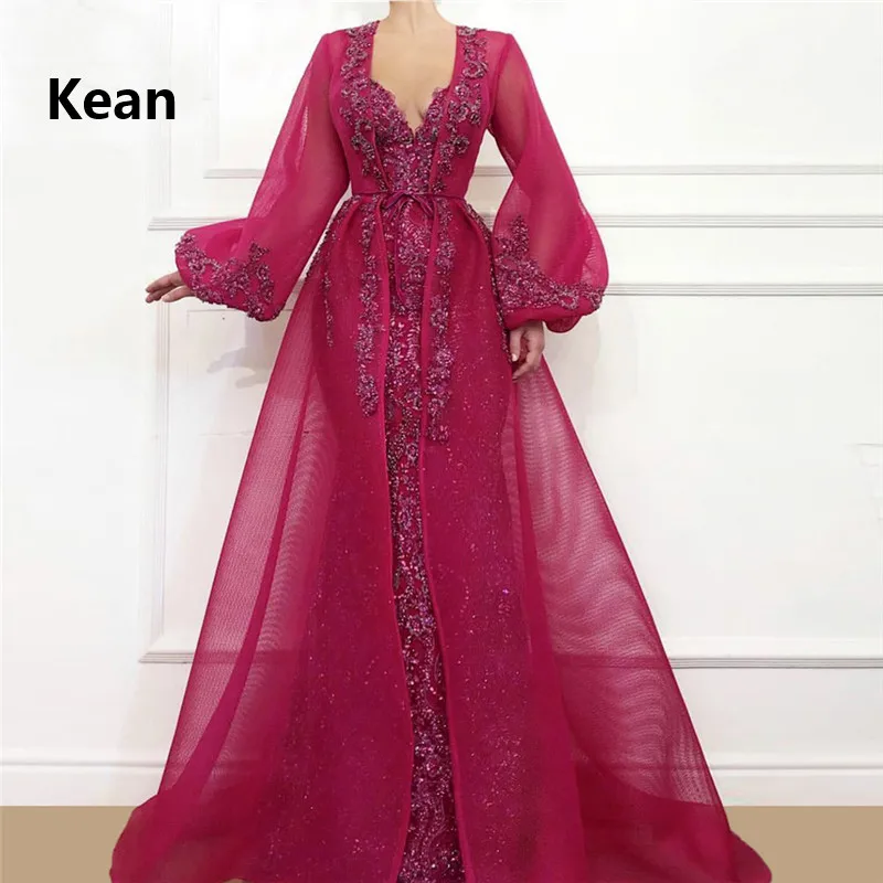 

Burgundy Muslim Evening Dress V-Neck Applique Bead Jacket robe soiree Islamic Dubai Kaftan Saudi Arabic Evening Gown Prom Dress