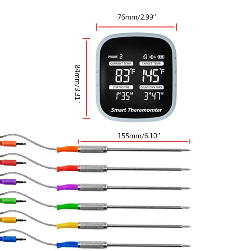 

OOTDTY Cooking Bluetooth Wireless Meat BBQ Thermometer With 6 Probes Alarm Timer Free APP for -iOS & -Android Smart Phone