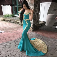sevintage mermaid gold lace appliques prom dresses off the shoulder satin long evening gown woman vestidos elegantes ballkleid