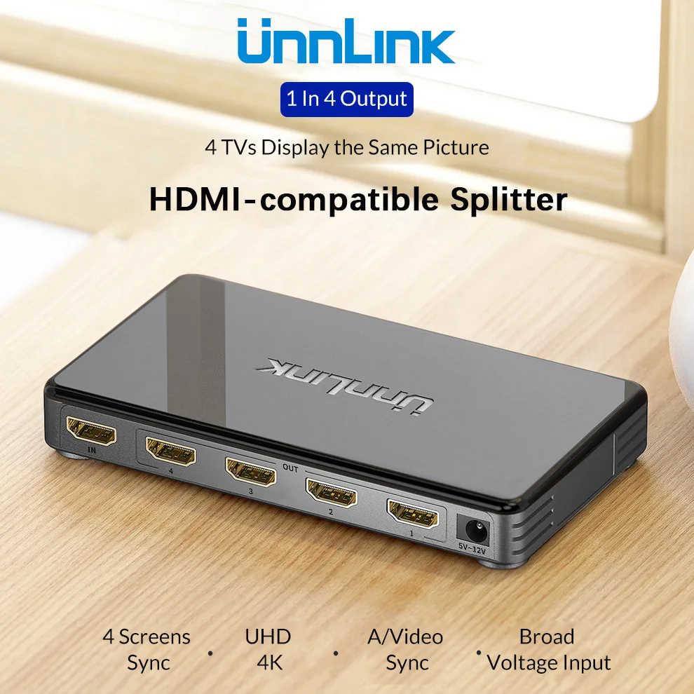 Unnlink HDMI-совместимый сплиттер 1X4 UHD 4K 30 Гц 3D FHD1080P 60 1 в 4 выход для Светодиодный TV MI Box