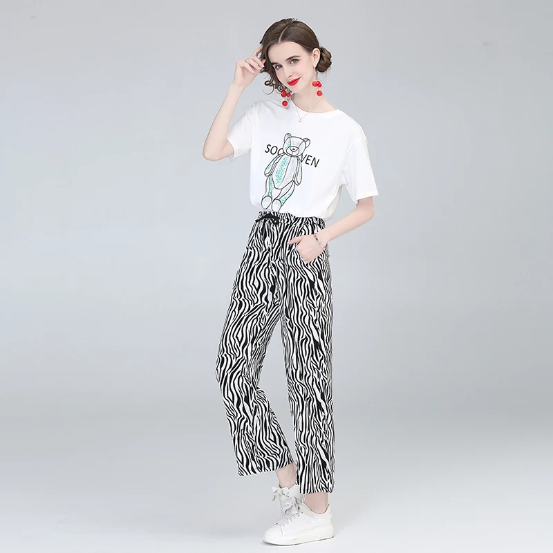

Women Summer Runway Two Piece Sets 2021 New Bow Tie Ribbon Print Vintage Shirt and Pants Suit Casual Outfits