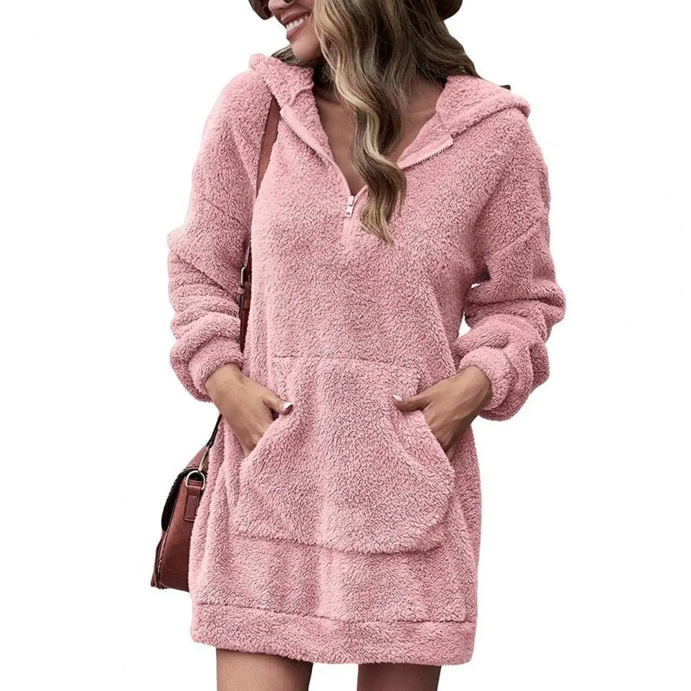 

Lady Dress Solid Color Hooded Zipper Loose Autumn Dress for Daily Wear