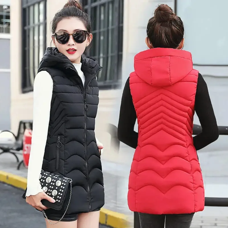 

2021 New Women Vest Long Coat Sleeveless Winter Jacket Hooded Waistcoat Female Cotton Padded Parkas Snow Wear Vest Coat