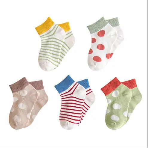 

5Pairs Pack 1-12 Y Spring and summer new wave dot stripe breathable mesh boat socks