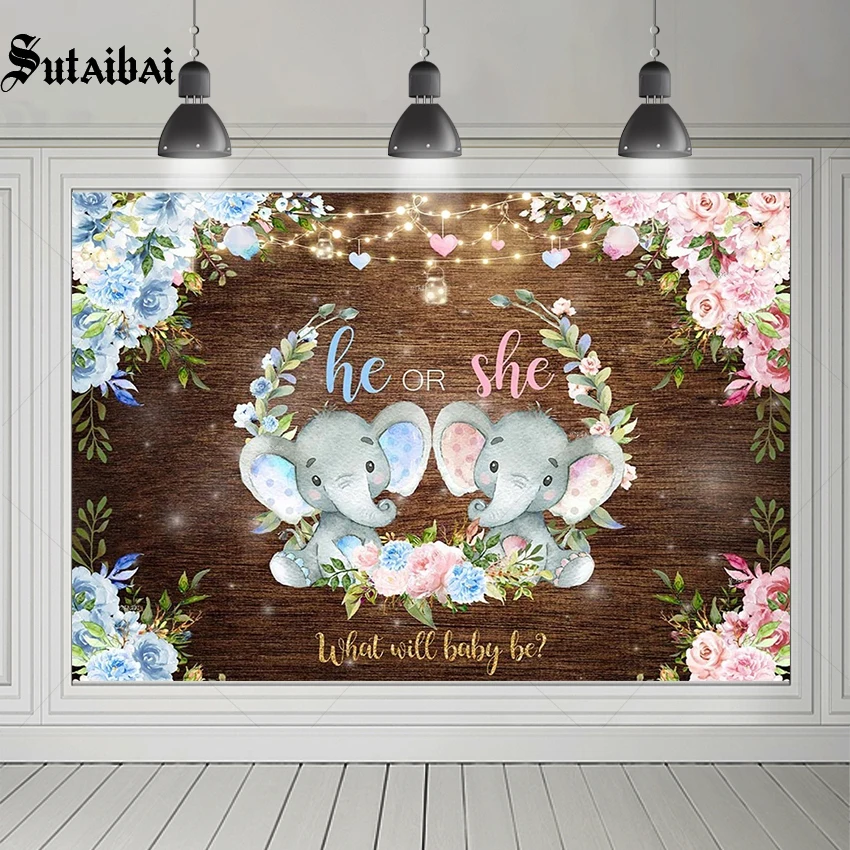 

He or She Gender Reveal Baby Shower Party Rustic Wooden Photography Backdrops Studio Blue Pink Elephant Flower Photo Background