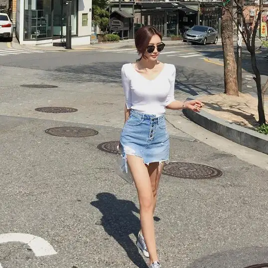 Харадзюку ассиметричный с высокой талией джинсовая юбка легкая моющаяся Женская