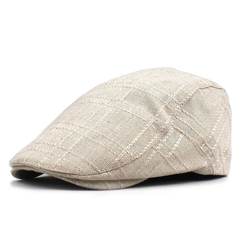 

Ditpossible 2021 New Linen Cotton Berets Casual Flat Top Caps for Men Summer Hat Visors Plaid Beret Adult Cap