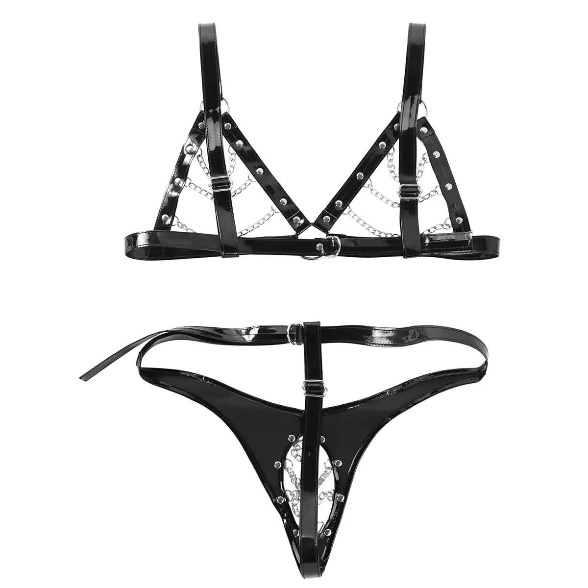 

Women PU Leather Adjustable Harness Straps Lingerie Set Metal Chains Tassel Open Cup Bra Top and Thong Underwear Bondage Costume