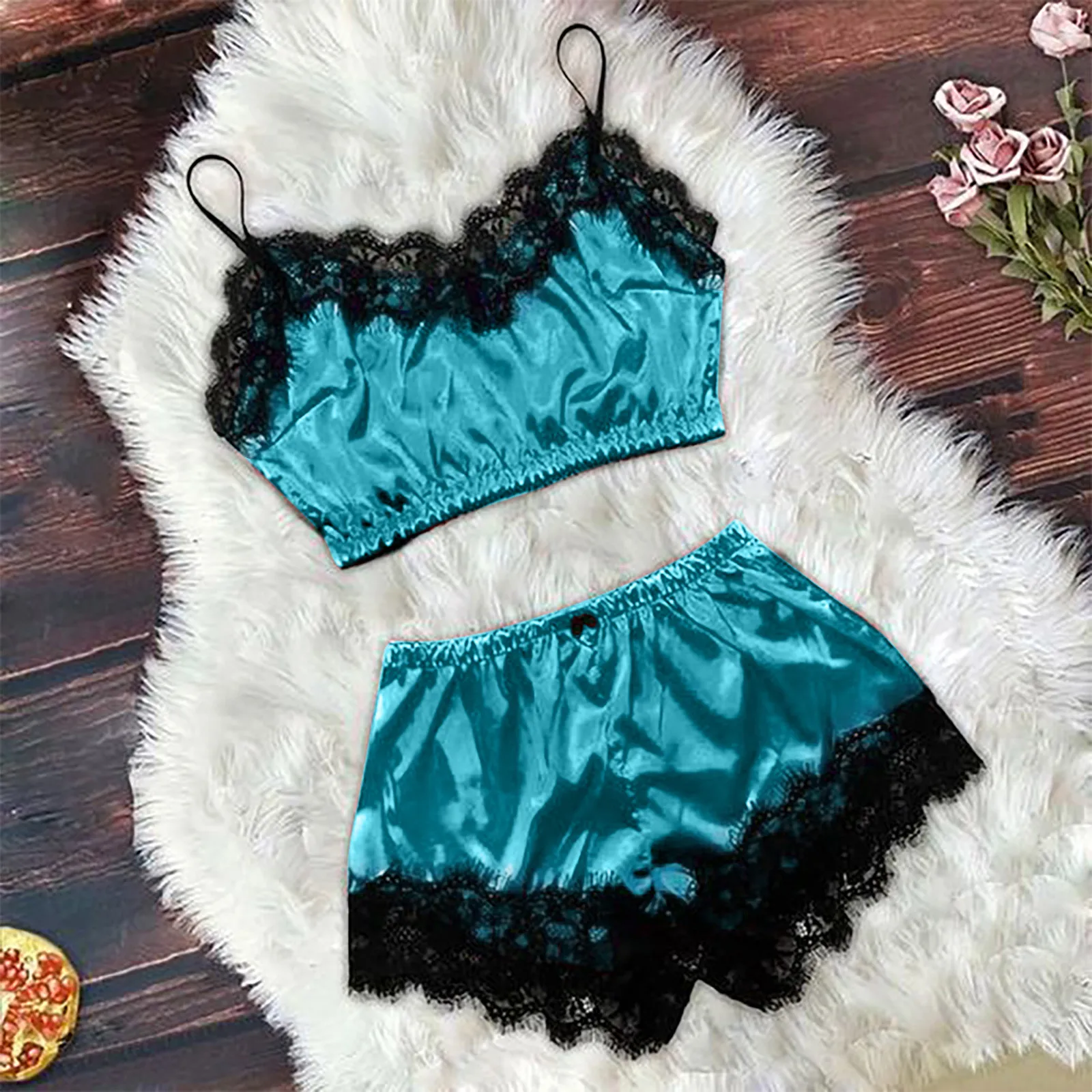 

Women's Pajamas Set Home Suit Top and Shorts Sexy V-Neck Sleeveless Satin Lace Sleepwear Pijama Home Clothes for Women 2021 #5