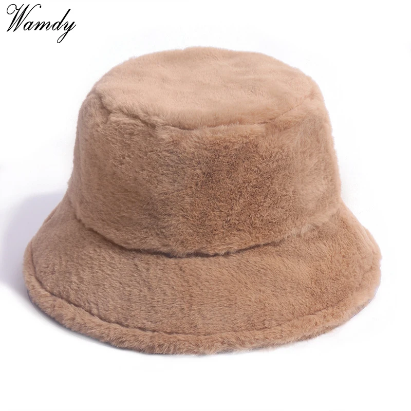 

Winter Outdoor Vacation Lady Panama Black Solid Thickened Soft Warm Fishing Cap Faux Fur Rabbit Bucket Hat Women Hairy Leopard