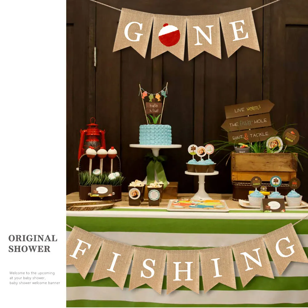 Джутовая Мешковина ушел на рыбалку баннер для выхода свет Рыбалка детский душ