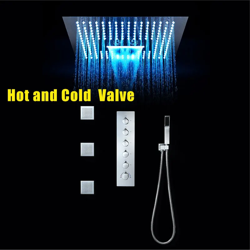 Hot and Cold Valve Роскошный душевой кран для ванной комнаты, 16 дюймов, светодиодный светильник, встроенный потолочный термостатический клапан, водопад, душевая головка, Misty - Цвет: Hot and Cold Valve