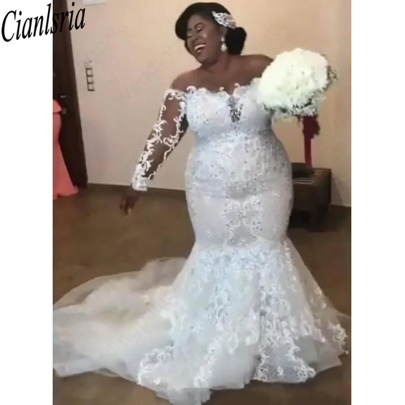 

African plus size wedding gowns White Mermaid Sheer Jewel neck See Though Long Sleeve Custom Made Bridal With lace Appliuqes