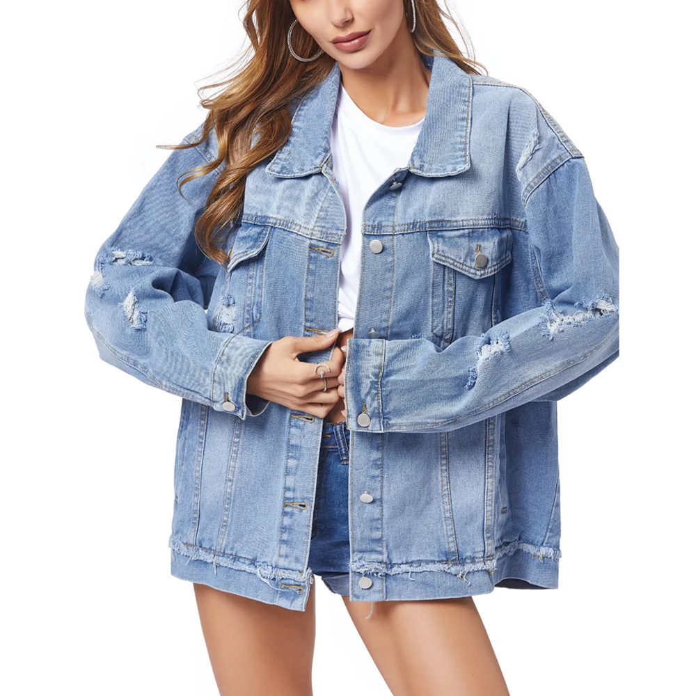 

Women Winter Warm Denim Jacket Frayed Hole Long Sleeve Turn-Down Neck Ladies Casual Jeans Coat Single Breasted Cowboy Outwear